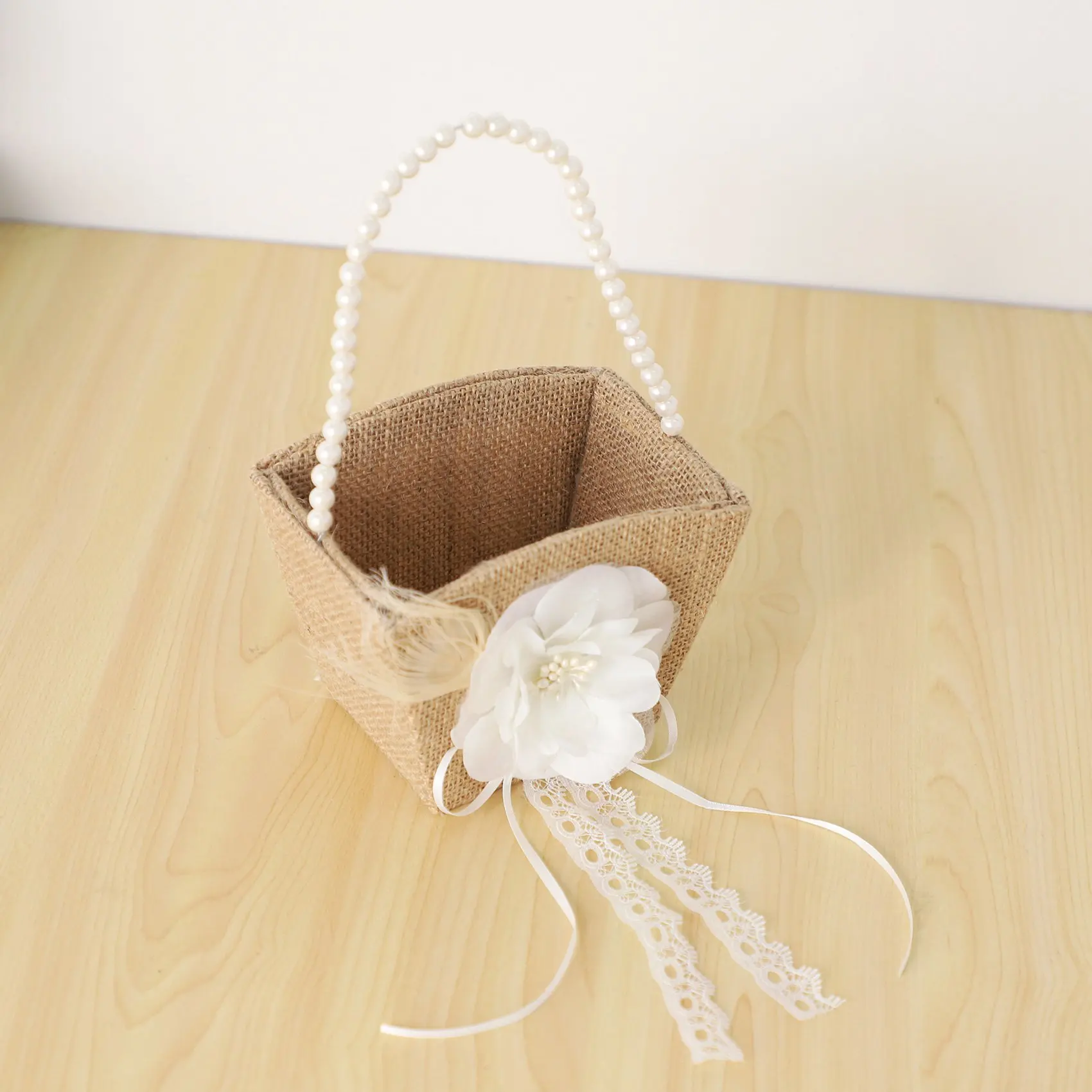 ABEZ Flower Girl Basket Rustic Burlap For Vintage Rustic Wedding Party Flower Basket With Pearl Handle