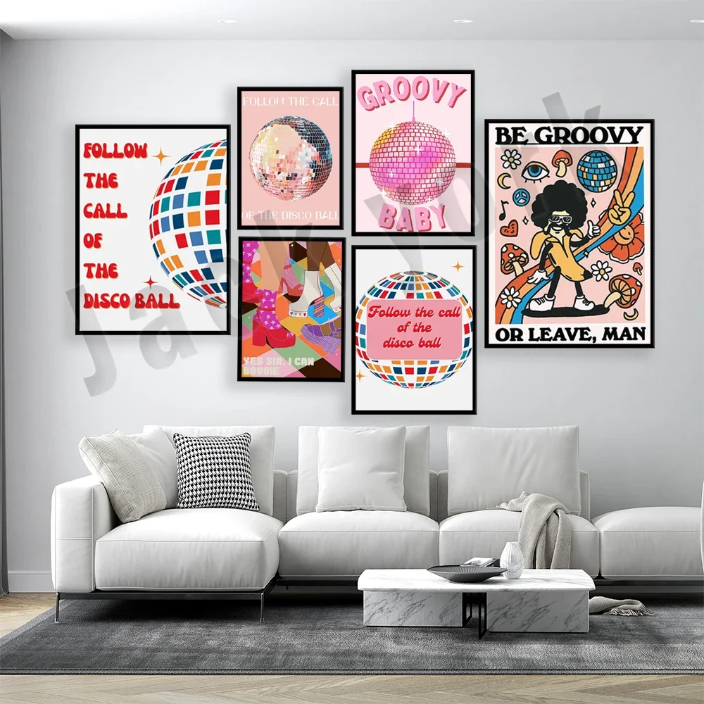 Funky disco gogo boot print, disco ball art, 70s poster, typography, funky decor, post dance print, eclectic retro wall art