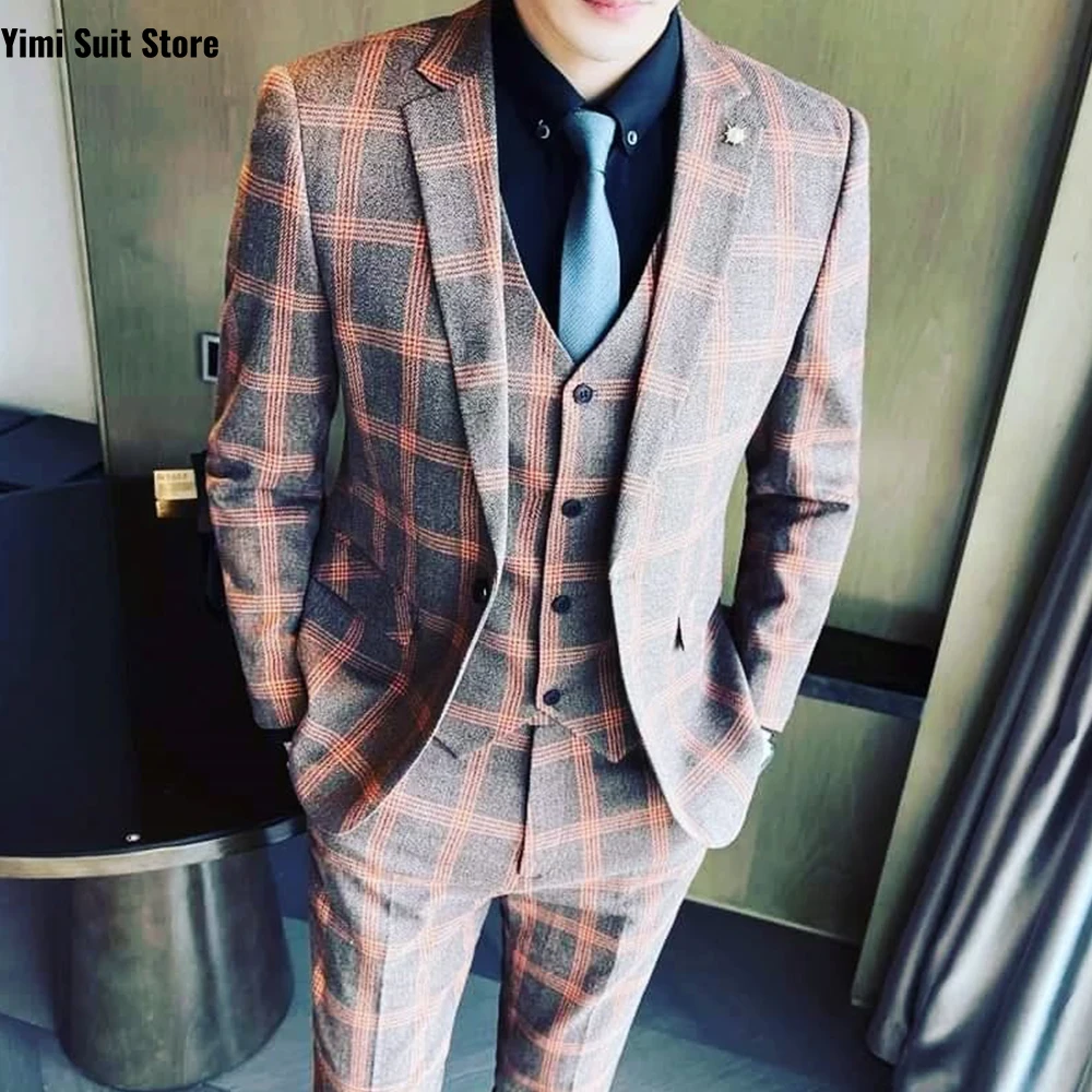 Traje de mezcla de lana a cuadros azul marino para hombre, traje de negocios ajustado de tres piezas (chaqueta + chaleco + pantalones), traje Formal de novio para fiesta de boda