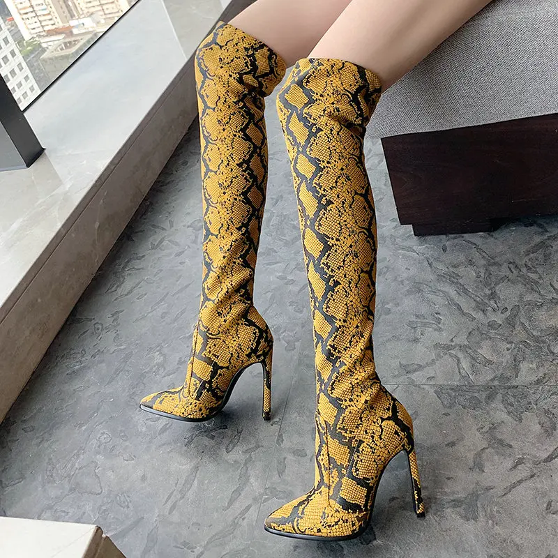 

2025 New Nightclub Elastic Women Boots Over-the-knee High-heeled Boots Snake-patterned Sexy Party Shoes