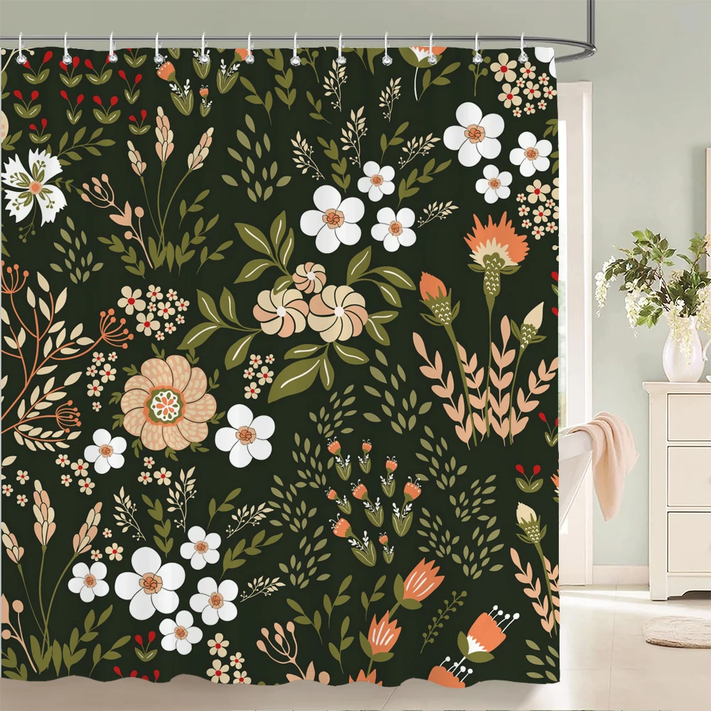 

Artistic Abstract Plants and Flowers Print Shower Curtain Polyester Fabric Bath Curtain With Hooks Curtains For Bathroom Decor