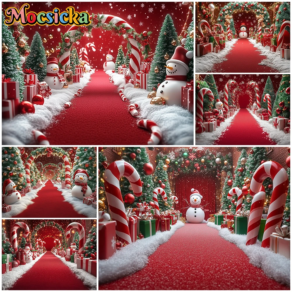 

Mocsicka Christmas Background Photography New Year Candy Door Tree Red Carpet Decoration Winter Snowman Photo Backdrop Wallpaper