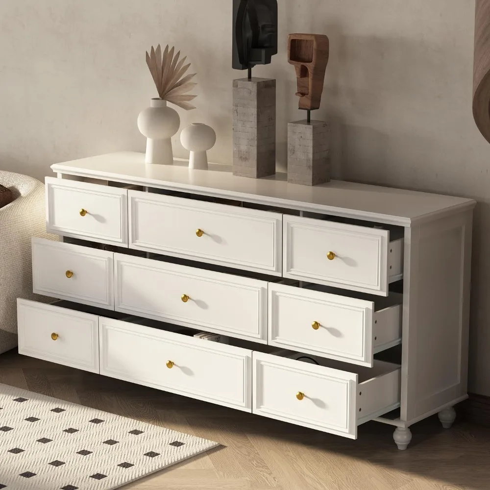 9 Drawer Dresser for Bedroom, Modern Drawer with Wide Drawers and Wood Legs, Floor Storage Organizer Chest of Drawers