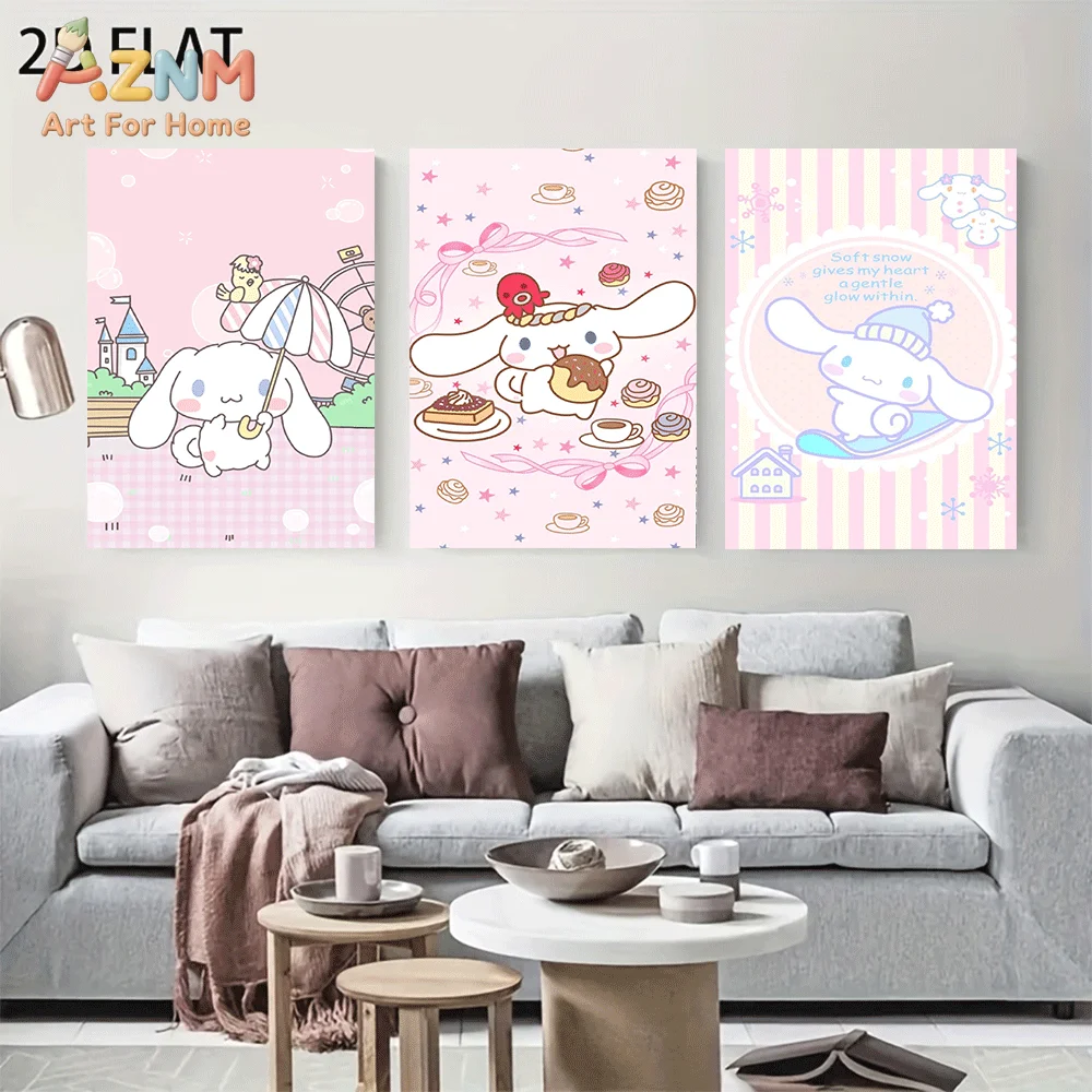 AZNM Cinnamoroll Canvas Wall Art Unframed Cute Cartoon Print Poster Amusement Park Donut Dessert Ski Scene Kawaii Pink Pastel De