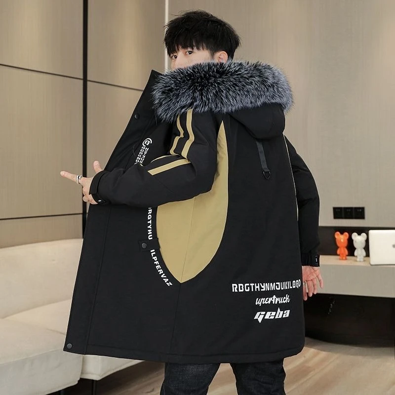 

Men's Long Hooded Coat Winter 2025 Plus Size Warm Fleece Lined Jacket Trendy Color Block Outerwear for Boys Men