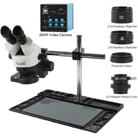 3.5X-90X Zoom Simul Focal Trinocular Stereo Microscope Aluminum Workbench Base Stand 16MP HDMI USB Industrial Soldering Camera