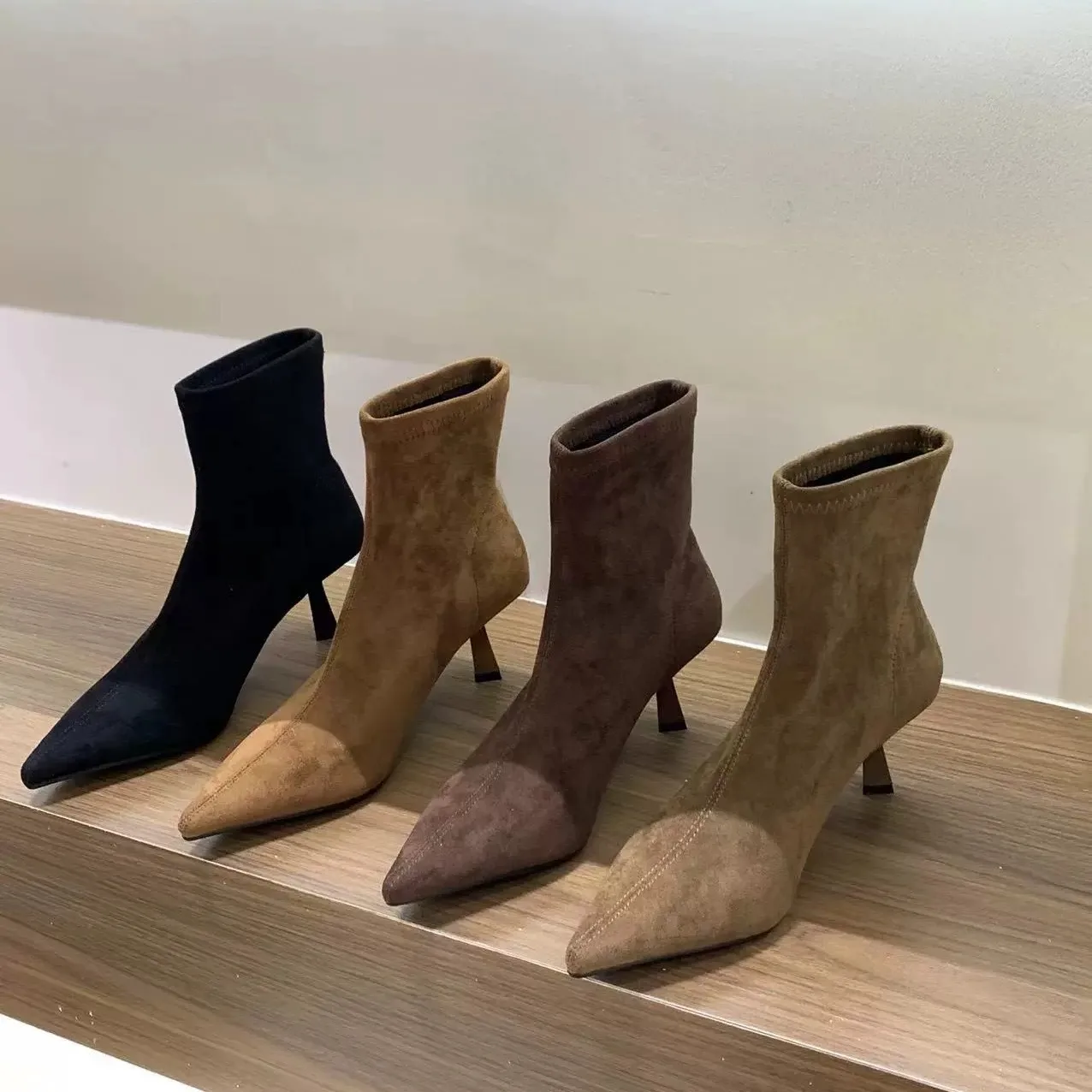 

High heeled pointed suede short boots for women 2025 new spring and autumn single boots Korean style small bare boots