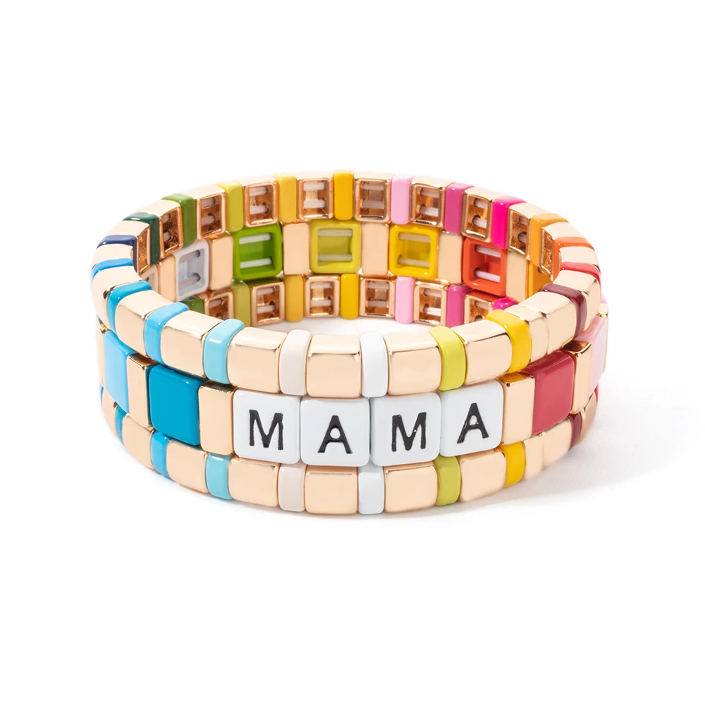 2024 New Design Mama Bracelets For Women Rainbow Color Boho Enamel Bangle Hand Accessory