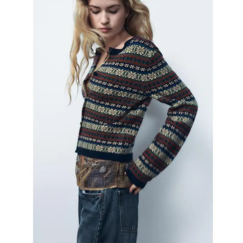 Chaqueta de Punto Hoada de Manga Larga con Cuello Redondo para Mujer, Novedad de Otoño Invierno, Bloques de Color, Bordado ...