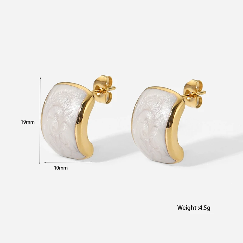16K Gold Plated Stainless Steel Swirl White Pearlized Emanel Dome Stud Earrings For Women Girls Tarnish Free Jewelry Gift