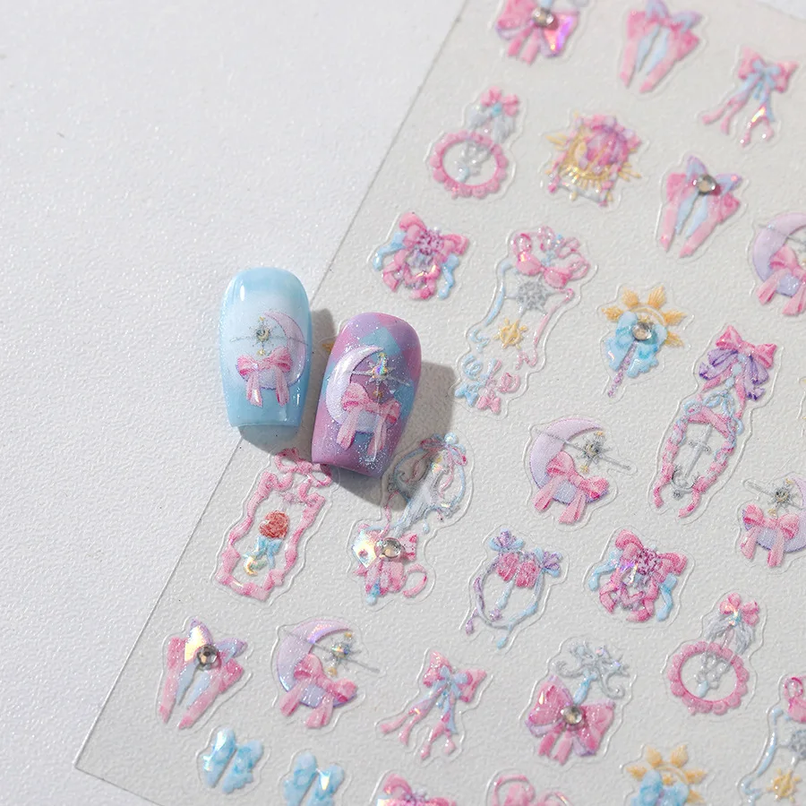Diadema con lazo, diamantes de imitación, varita de Hada rosa para niña, Luna, mariposa, pegatina 5D para decoración de uñas, calcomanías autoadhesivas para manicura
