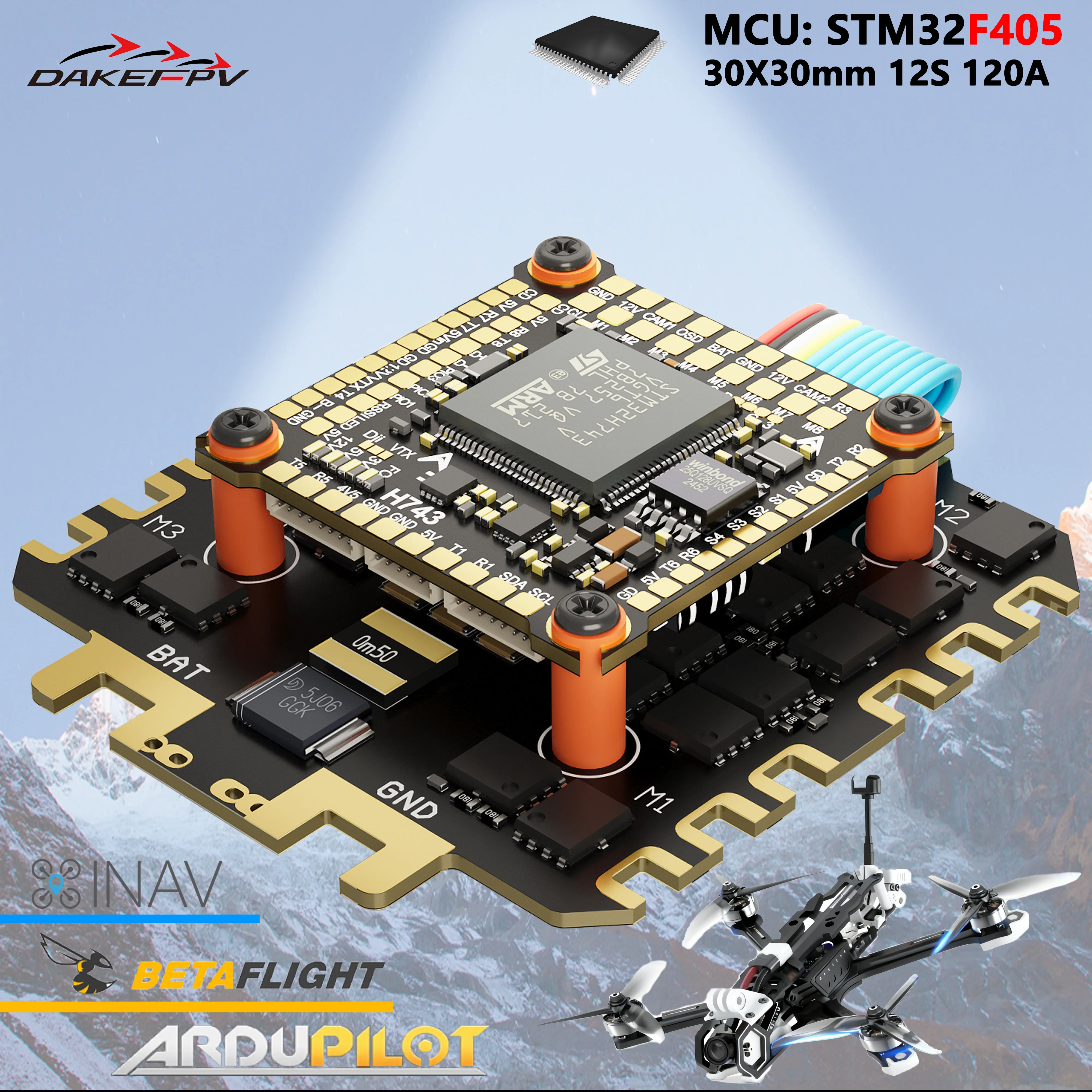 DAKEFPV H743 12S 120A stack INAV Betaflight Ardupilot H743 FC Flight controller FPV stack for 13 15 18inch FPV Drone frame