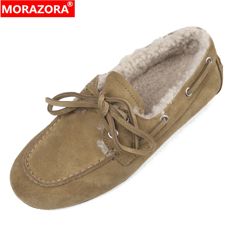 

MORAZORA Ins Hot Cow Suede Leather Women Loafers Lace Up Thick Fur Wool Blend Warm Winter Shoes Handmade Ladies Flat Shoes