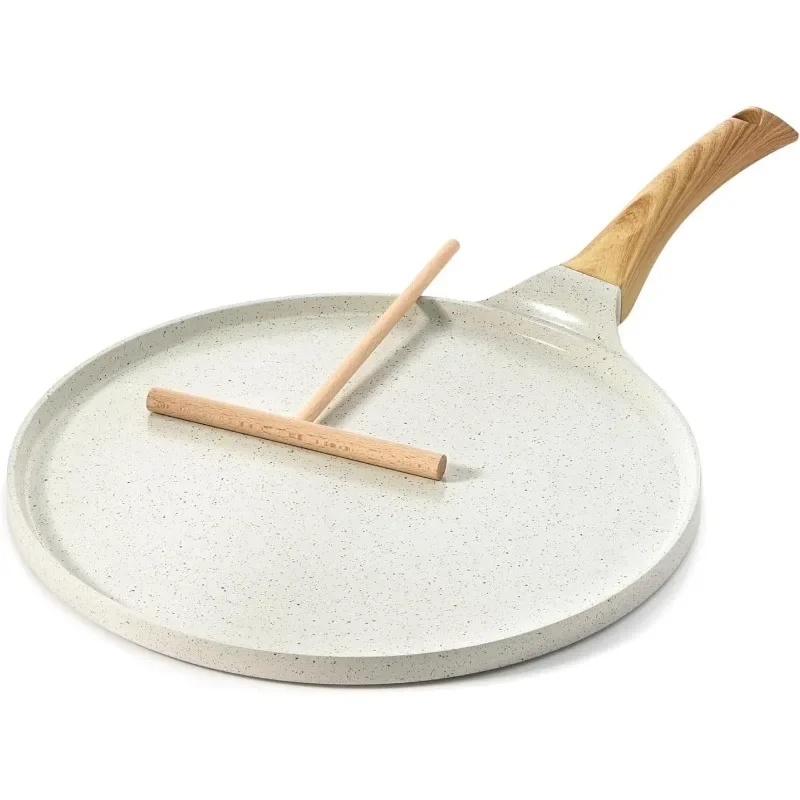 Nonstick Crepe Pan with Spreader 10Inch Natural Ceramic Coating Dosa Pan Pancake Flat Skillet Tawa Griddle with Stay-Cool Handle