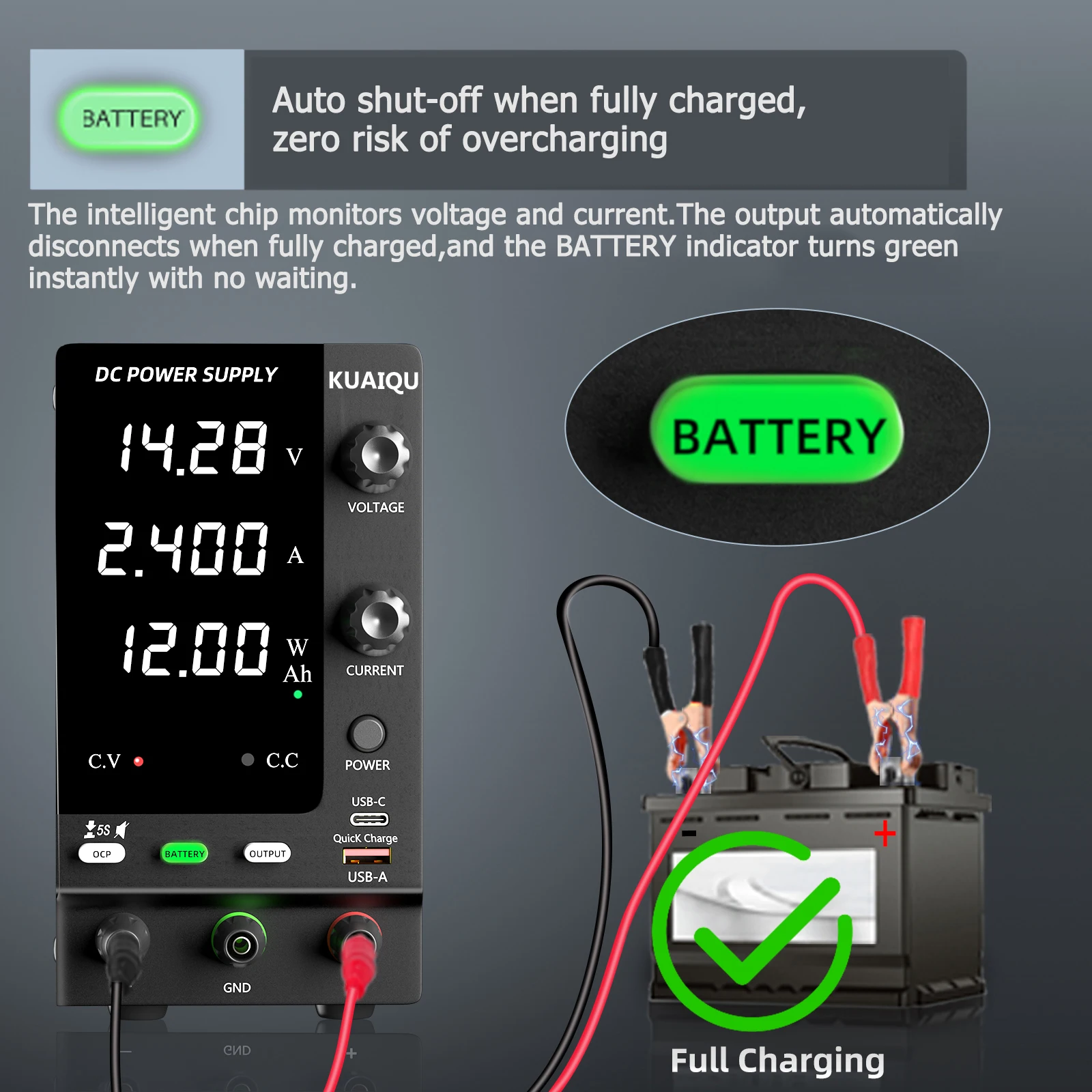KUAIQU Adjustable Power Supply For Recharge, 6V 12V 24V LiFePO4 etc. Battery Charger, 32V 61V Regulated Lab Bench Power Supply