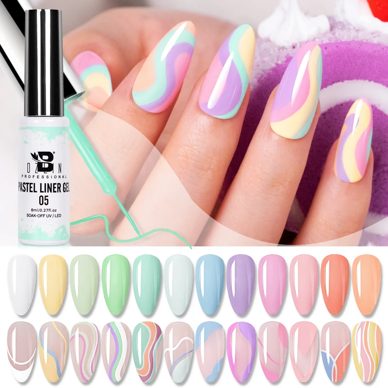 BOZLIN 12 Kleuren 8 ML Pastel Liner Gel Zomer Nagellak Schilderen Gel Semi Permanente Vernissen Nail Art DIY manicure Gereedschap