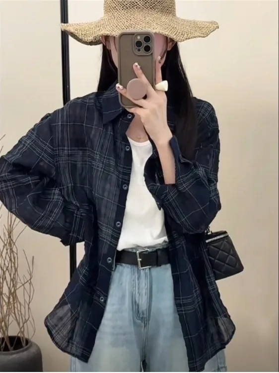 

Повседневный женский кардиган в клетку с длинными рукавами, весна 2026, свободный крой, защита от солнца, верхняя одежда, топ в стиле Lazy Sle, для прогулок и отдыха.