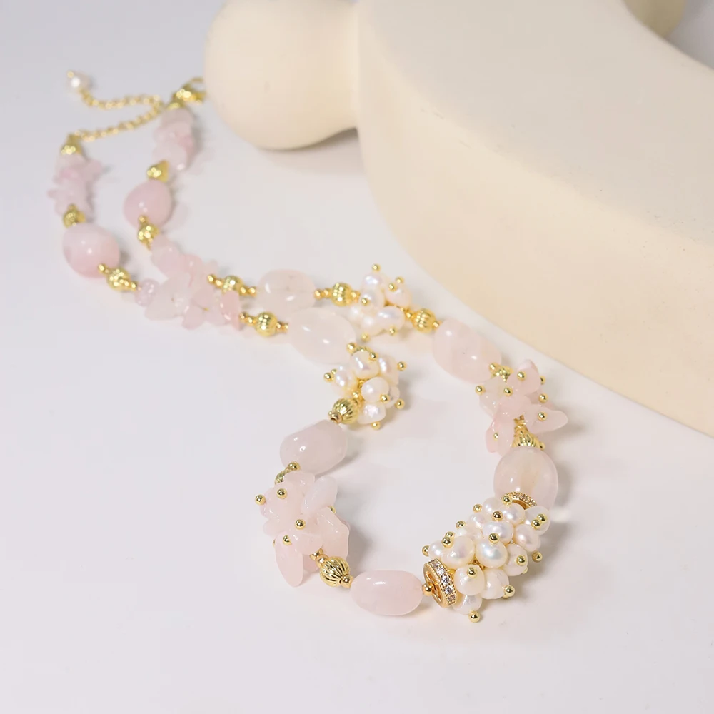 Natural Pink Crystal Pearls Necklaces Retro Palace Style Fashion Jewelry Necklaces Gifts for Mom Wife GirlfriendGN0594