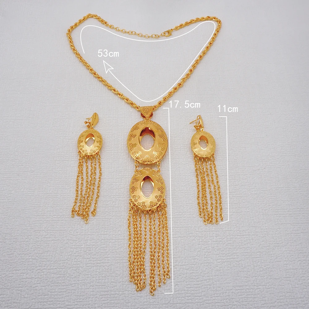 Fashion Dubai Gold Color Long Pendant Necklace Drop Earrings Jewelry Sets For Women Ethiopian African Wedding Bridal Chain Sets
