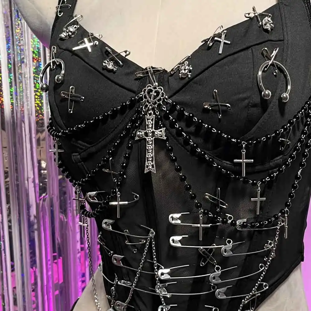 

Эмо Y2K TOPS Ручная работа Эко-булавка Готическая майка Подростки E-Girls Гранж Гот Череп Панк Рок Каваи 90-е DIY Клубная одежда Harajuku Модный