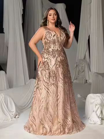 Plus Size Sleeveless V-Neck Evening Gown With Sequins And Embroidery Formal Dress For Wedding Gala Party