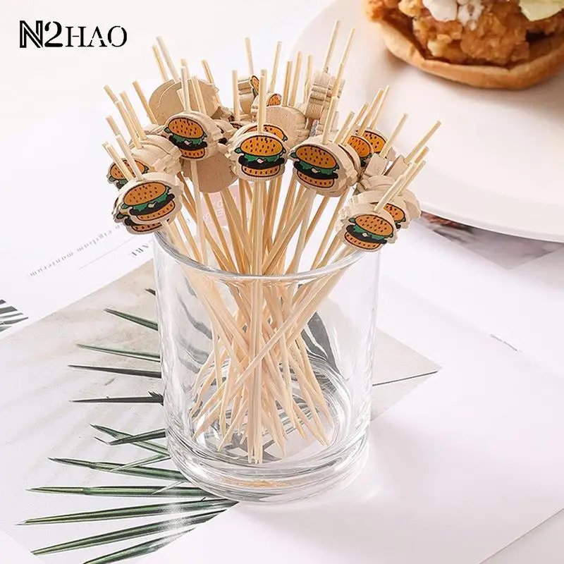 100pcs/lot Fruit Stick Snack Skewers Party Buffet Bamboo Food Picks Hamburger Garnish Bamboo Sticks Party Sandwich Decor