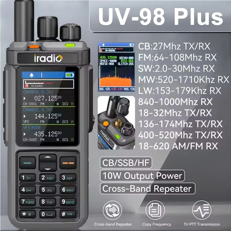 

Iradio UV-98 Plus Long Range Walkie Talkie Multi-Band 10W High Power FM AM SSB HF Cross Band NOAA Shortwave Ham Two Way Radio