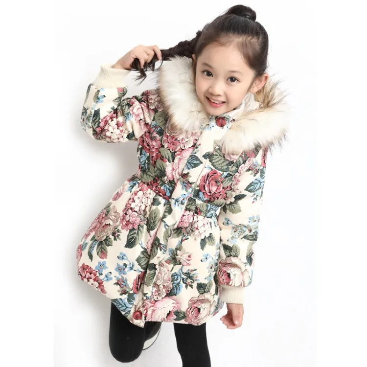 2024 autumn and winter new girls' cotton-padded coats children's long fur collar printed cotton-padded coats tide