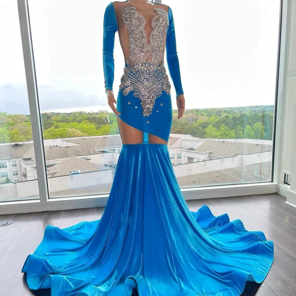 Long Sleeves African American Prom Dresses For Black Girls Mermaid Beaded Crystals Blue Robe De Soiree Evening Gown Customized