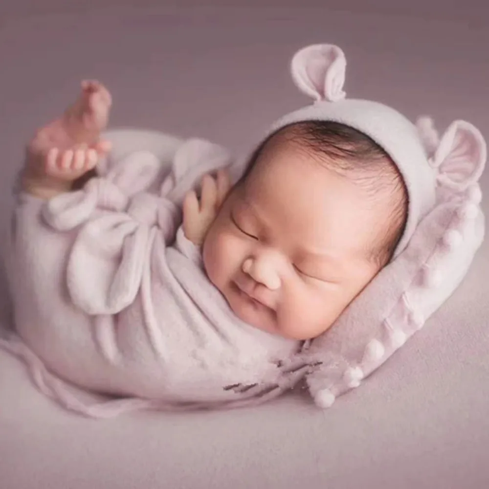 Baby Photo Shooting Outfits Simple Solid Color Mouse Cap+ Elasticity Swaddlings+Posing Pillows 3pcs/set Infant Photography Props