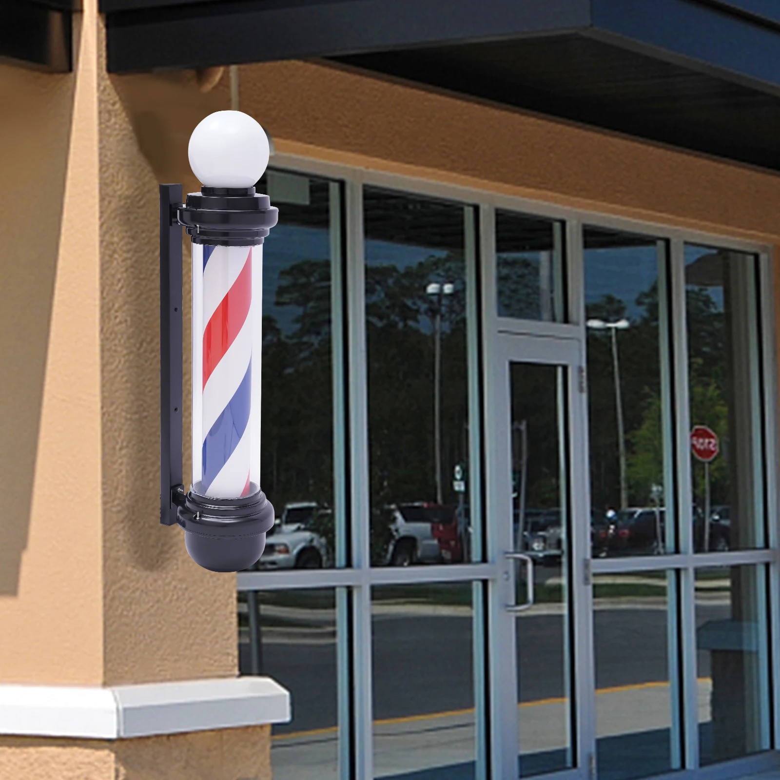 

32 In Barber Pole LED Light, Red White Blue Rotating Stripes, Wall Mounted Design for Barbershop, Traditional Hair Salon Signage