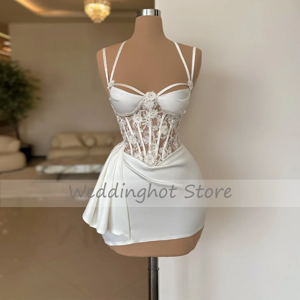 Mini Cocktail Dress White Applique Spaghetti Straps Illusion Cocktail Gowns for Women Sheath/Column Satin Short Party Dresses