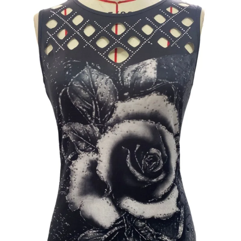 Letni damski t-shirt bezrękawnik z wcięciem wydrukowane bluzki modny okrągły dekolt bez rękawów różany kwiat wielokolorowy podkład damski — zdjęcie 7