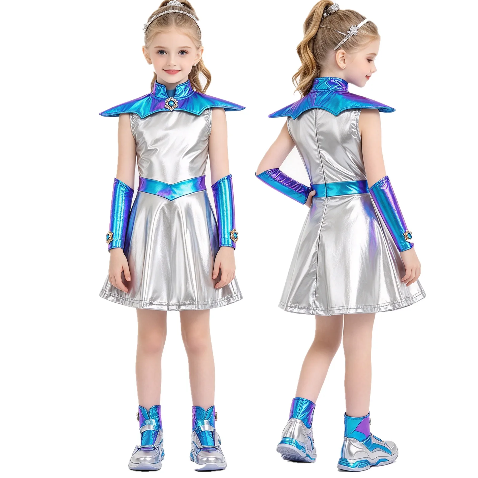 Kids Girls Alien Space Robot Galaxy Warrior Cosplay Dress Metallic Shiny Dresses with Cape Gloves Halloween Theme Party Costume