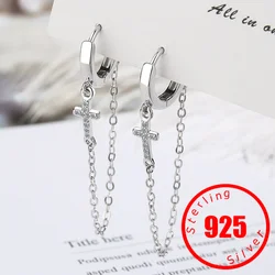 Cross Ears Stamp 925 Sterling Silver Double Layer Linkced Chain Clips Earrings For Women Wedding Jewelry Gift