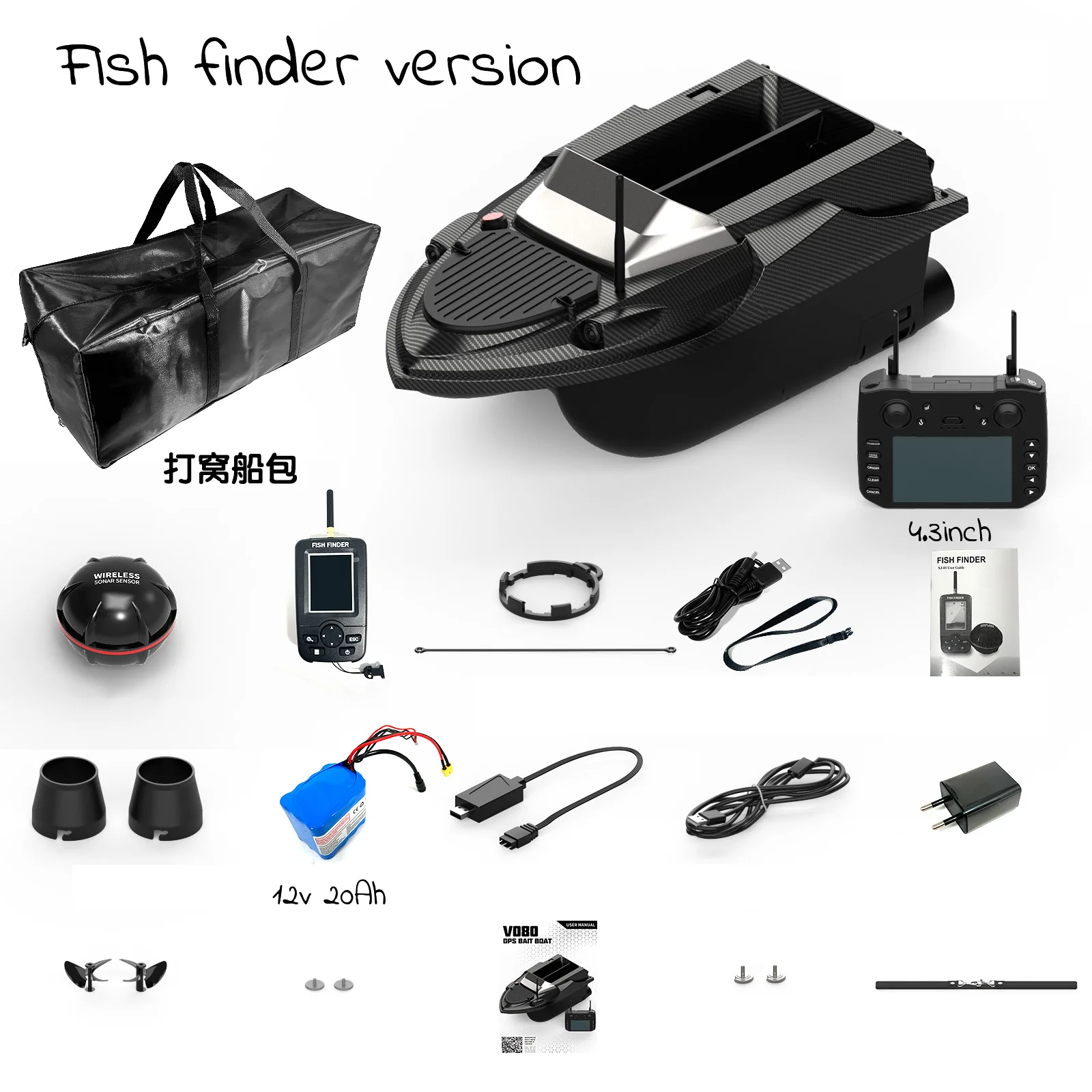 Nouveau V080 bateau à appâts avec détecteur de poisson 180 Points Gps bateau à appâts 120ft bateau à appâts Sonar double moteur à brosse 800 Distance de contrôle