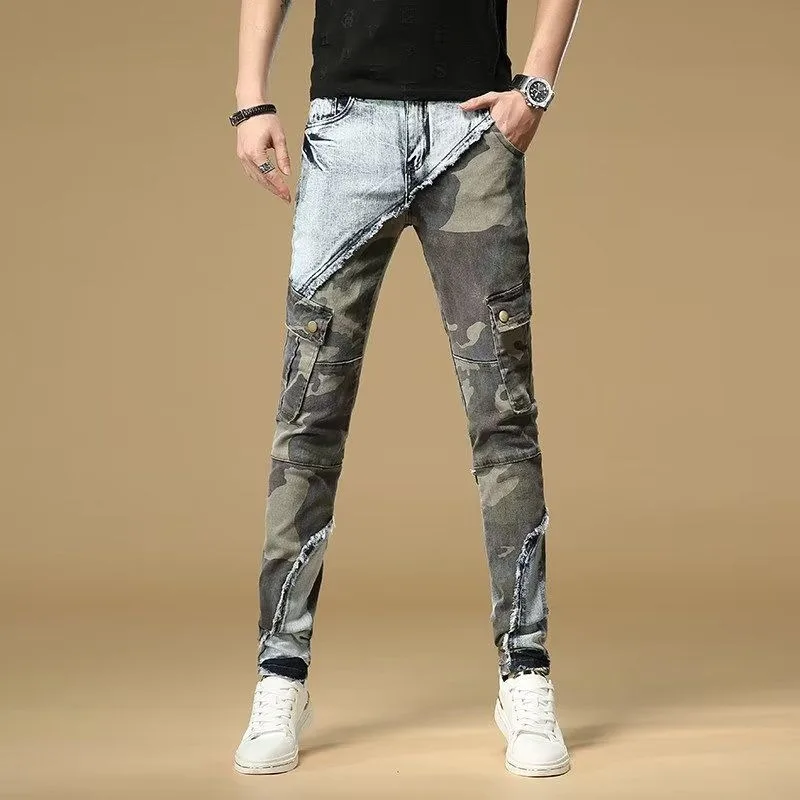 

High Quality Men’s Slim-fit Multi-pocket Jeans,Light Luxury Camouflage Decors Sexy Jeans,Stylish Street Fashion Jeans;