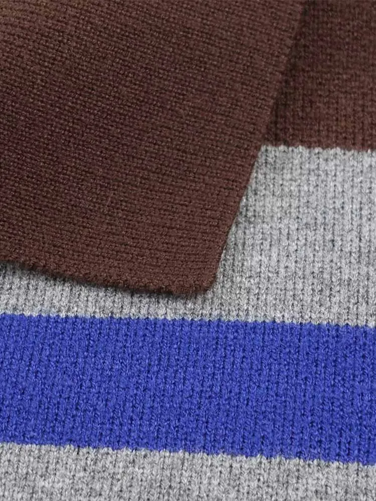 유럽 및 미국 스타일 여성 겨울 신상 패션 심플한 리브드 트림 스트라이프 폴로 칼라 니트 스웨터