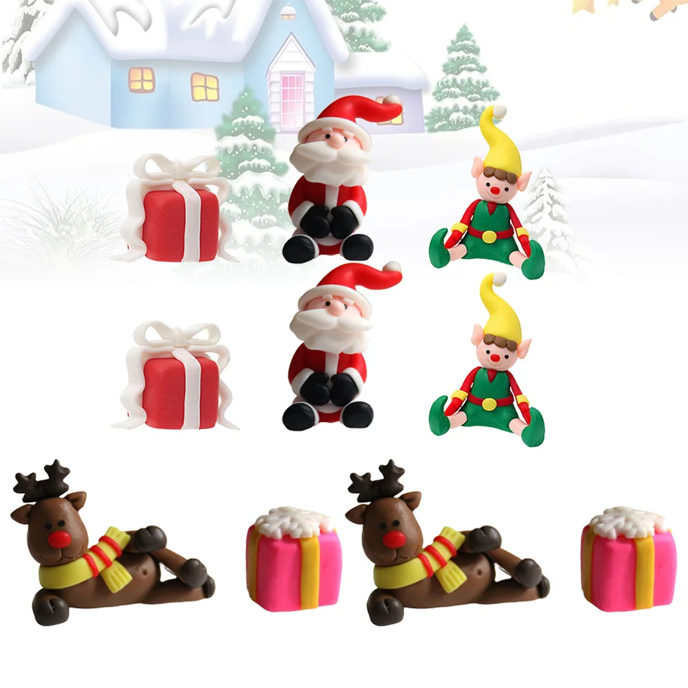 

10Pcs Christmas Cake Ornaments Polymer Clay Set Santa Claus Clown Deer Gift Box Cupcake Picks Christmas Cake Toppers
