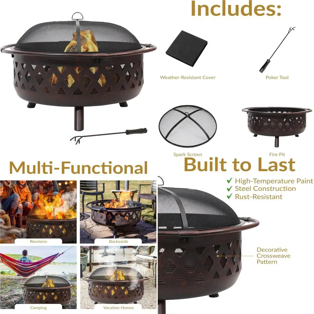 

Crossweave Outdoor Fire Pit - Wood-Burning Fire Pit for Outside with Spark Screen, Poker and Round Cover - 36-Inch - Bronze