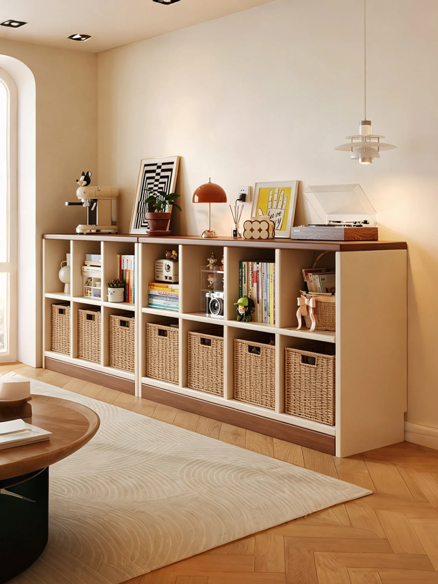 Solid wood core lattice cabinet Floor shelf Bookshelf Living room integrated wall storage Locker display low cabinet