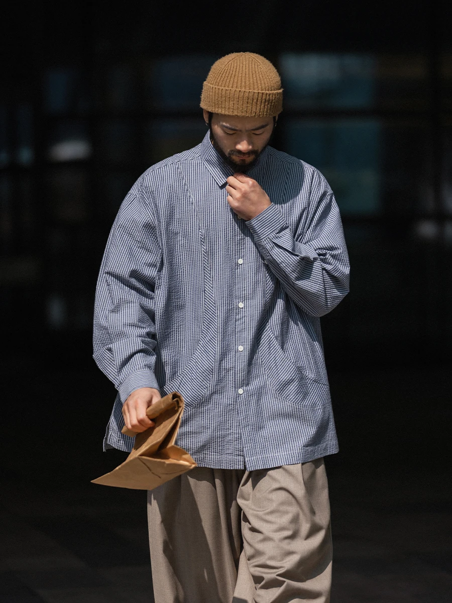 

Noears Men's Loose Fit Long Sleeve Striped Shirt Casual Style Retro Commute Trendy Blue Color Breathable Cotton Spring Summer