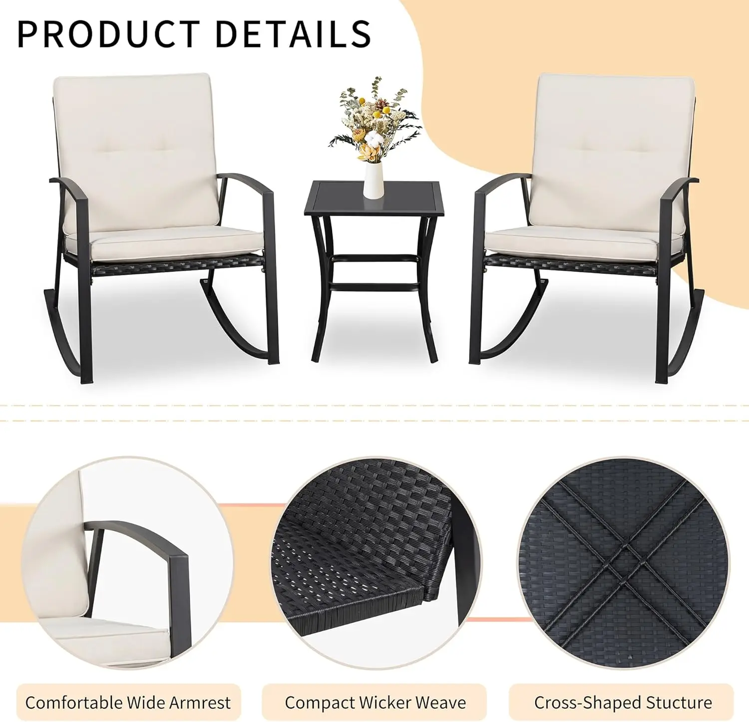 3 Pieces Patio Set Outdoor Wicker Patio Furniture Sets Modern Rocking Bistro Set Rattan Chair Conversation Sets with Coffee