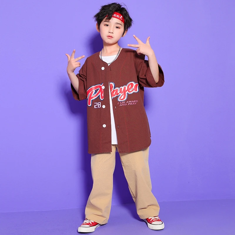 Ropa de baile de espectáculo de Hip Hop para niños, camiseta de béisbol, Tops, ropa de calle, pantalones cortos caqui, disfraz de baile de Jazz, ropa de escenario