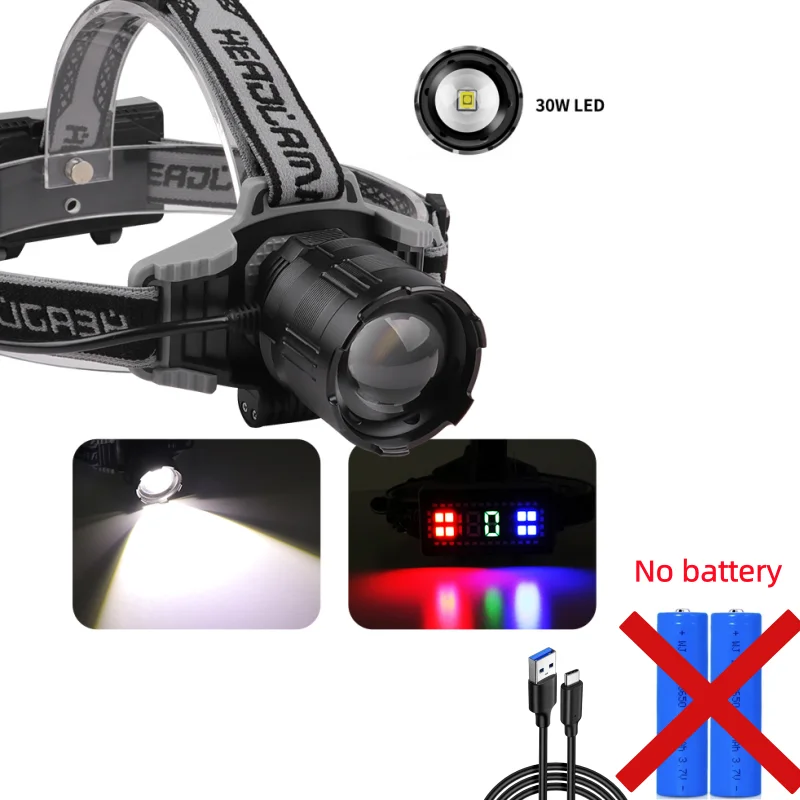 Nieuwe XHP160-koplamp TYPE-C Oplaadbare koplamp met hoge intensiteit en display 30W witte laserkoplamp