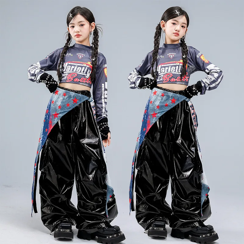

Kid Kpop Hip Hop Clothing Gray Black Print Long Sleeve Crop T Shirt Top Faux Leather Cargo Pants for Girl Dance Costume Clothes