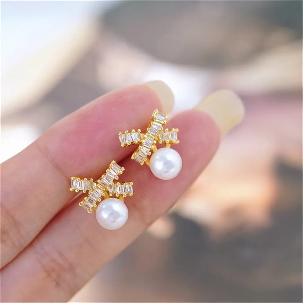 DIY Pearl Accessories 18K Bag Gold Copper Thick Gold Plated T Square Zirconium Bow Stud Earrings Work in Progress Gold 8-9.5 Mm