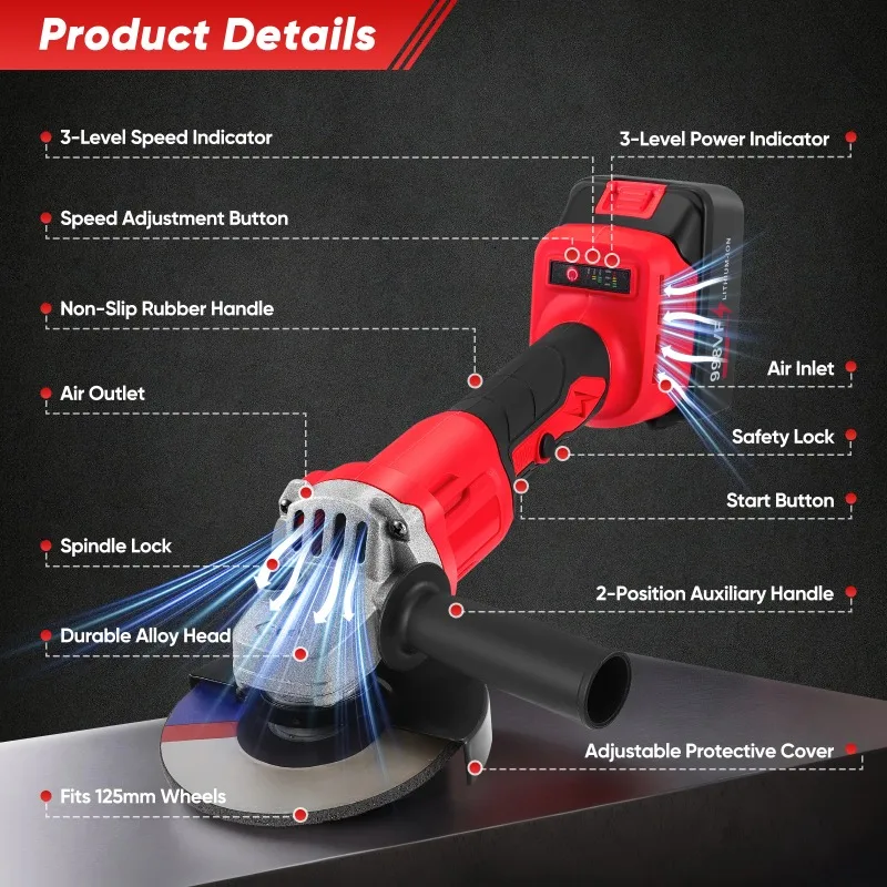 125mm Brushless Angle Grinder 13500RPM High Speed Electric Grinding Tool with Safety Protective Guard
