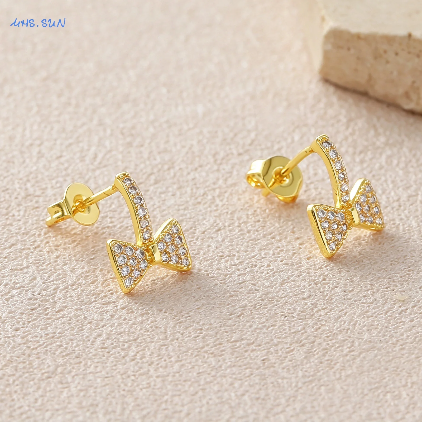 MHS.SUN Simple Cubic Zirconia Bowknot Stud Earrings For Women Girls Classic Gold Plated Bow Birthday Party Jewelry Gifts