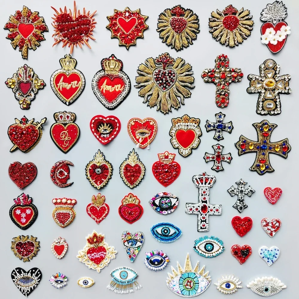 Embroidery Sequined Alphabet Pearl Letter Cross Patch,sequins Heart Beaded Eye Patches Badges Appliques for Clothing WF2210252